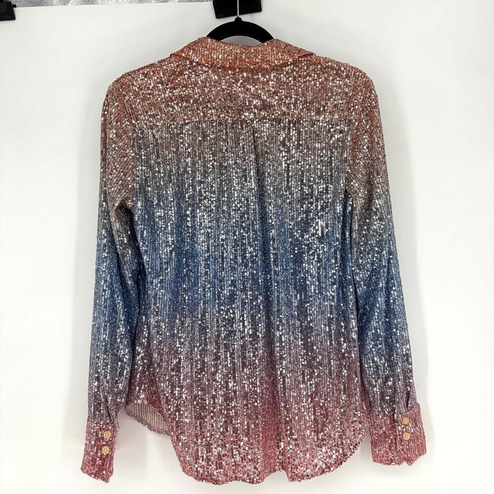 Anthropologie Ombre Sequin Button Down Blouse Pink Silver Mesh Top NWT S - Picture 4 of 13
